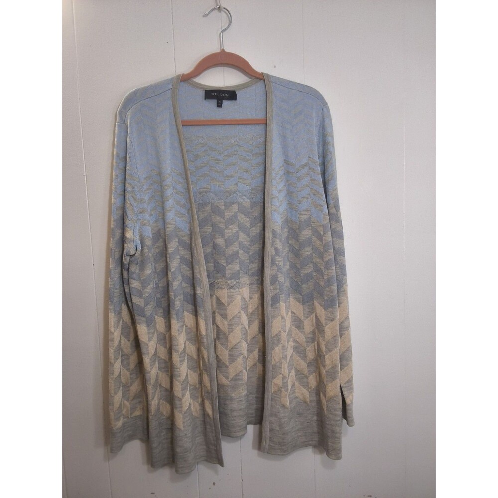St John open front cardigan with ombre chevron knit pattern blue gray and ivory
